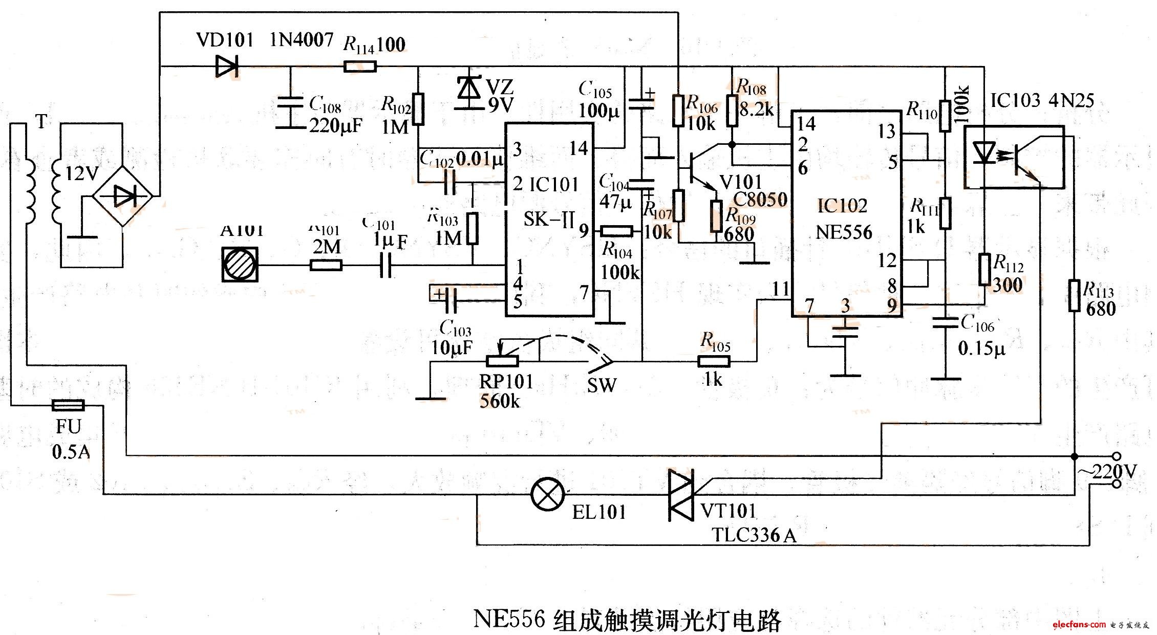 ne556组成触摸调光灯电路