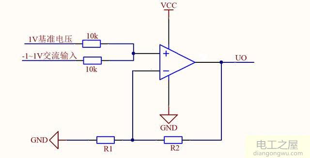 单电源运放将峰值为-1到1V正弦波交流信号放大原理图