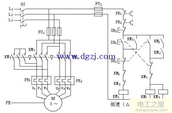 接触器控制双速电动机控制电路图