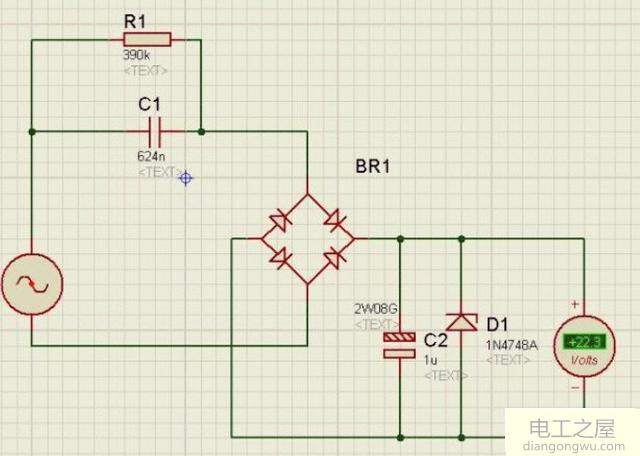 简单的电容降压直流供电电路图