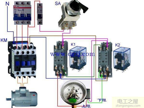 电接点压力表控制水泵实物接线图