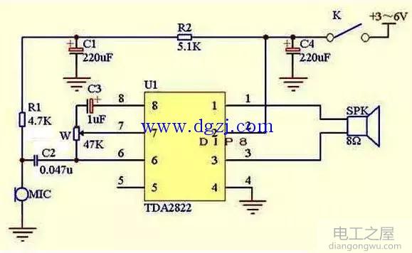 TDA2822话筒功放<a href=http://www.diangongwu.com/zhishi/dianlutu/ target=_blank class=infotextkey>电路图</a>