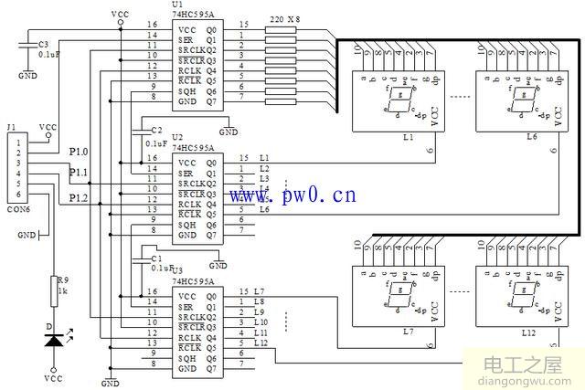 用74HC595A实现多位LED串行显示电路图及程序