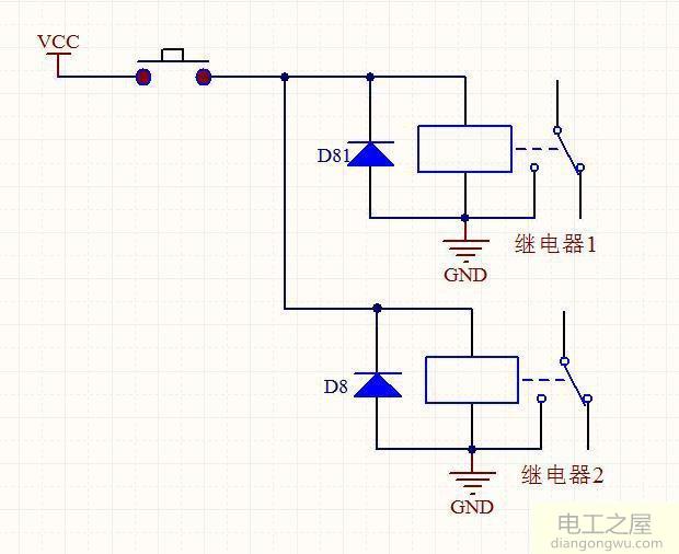 用一个按钮控制两个接触器或继电器来实现控制不同的部件