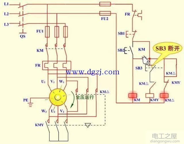 按钮和接触器Y-△降压启动电路图