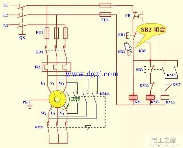 按钮和接触器Y-△降压启动电路图