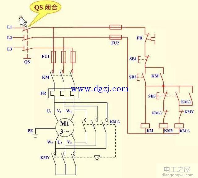 按钮和接触器Y-△降压启动电路图