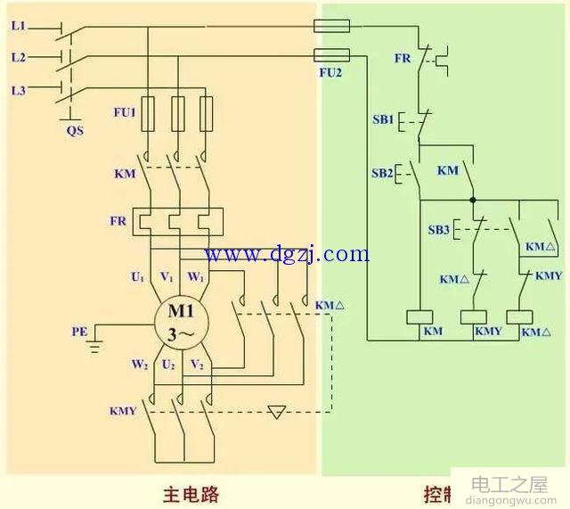 按钮和接触器Y-△降压启动电路图