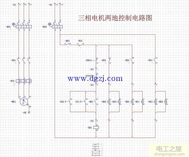 三相电机两地启停控制电路图