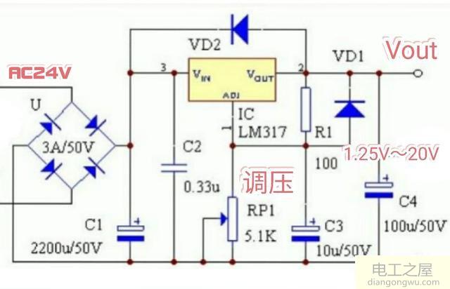 交流24V电源和LM317制作一个可调稳压电源<a href=http://www.diangongwu.com/zhishi/dianlutu/ target=_blank class=infotextkey>电路图</a>