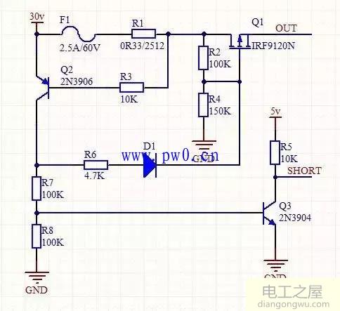 三极管构成的输出短路保护电路图