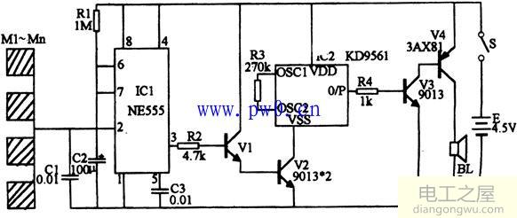 NE555触摸防盗报警器电路图