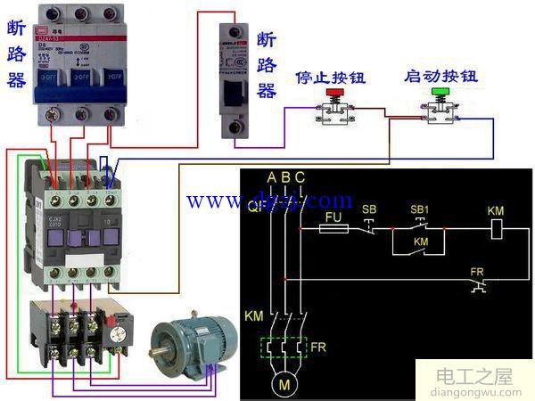 一个交流接触器两个开关一个热过载继电器接线图