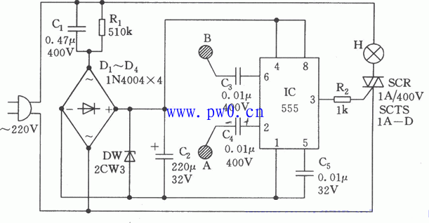 555电路双极触摸开关<a href=http://www.diangongwu.com/zhishi/dianlutu/ target=_blank class=infotextkey>电路图</a>