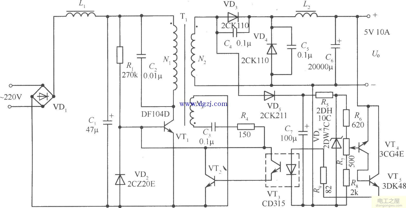 单端正激变换式开关稳压电源电路图