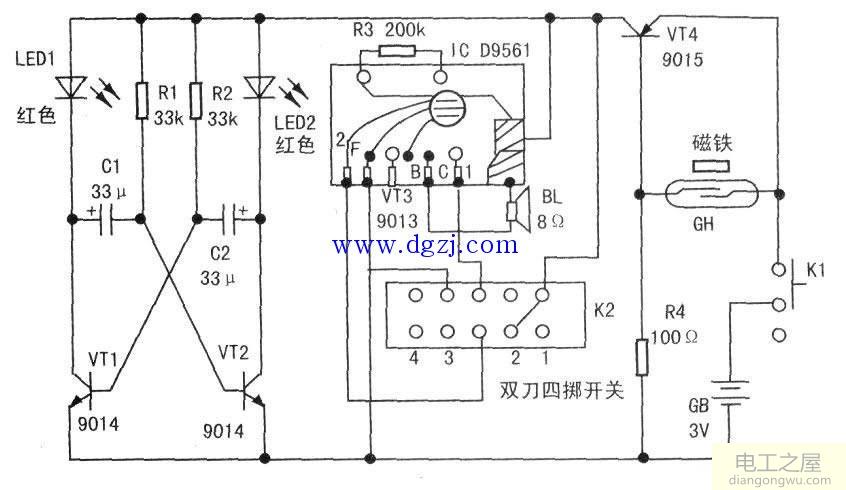 闪光磁控报警器<a href=http://www.diangongwu.com/zhishi/dianlutu/ target=_blank class=infotextkey>电路图</a>