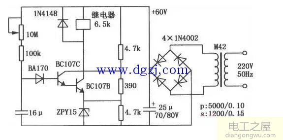 简单晶体管继电器延时吸合电路图