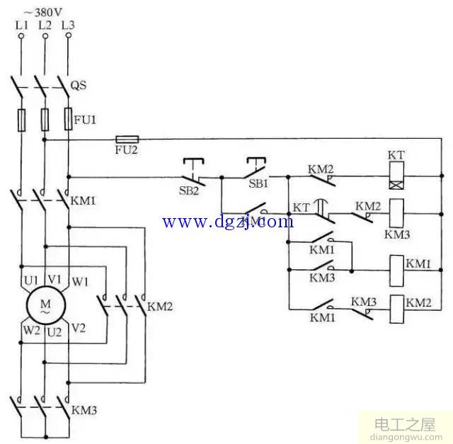 时间继电器自动转换Y-△启动电动机控制线路图