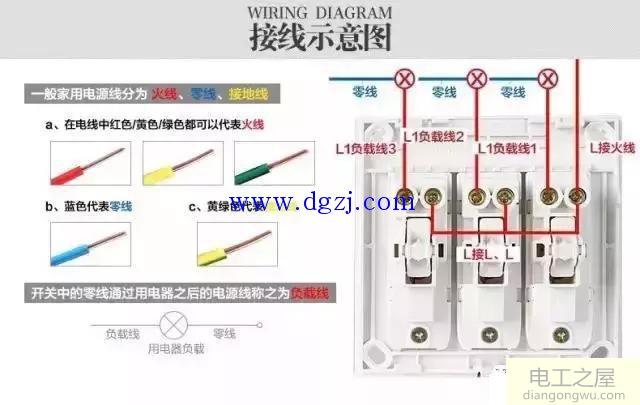 三联单控开关实物接线图