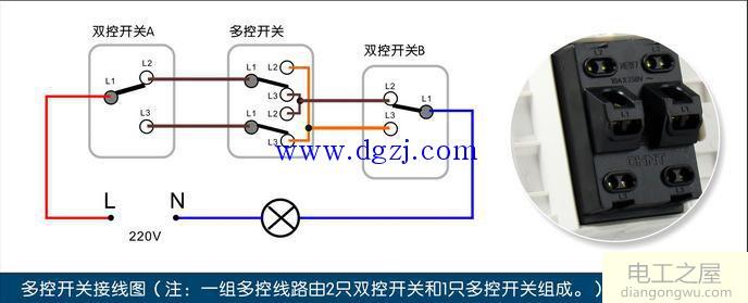 一灯三控开关怎么安装,1灯3控开关接线实物图