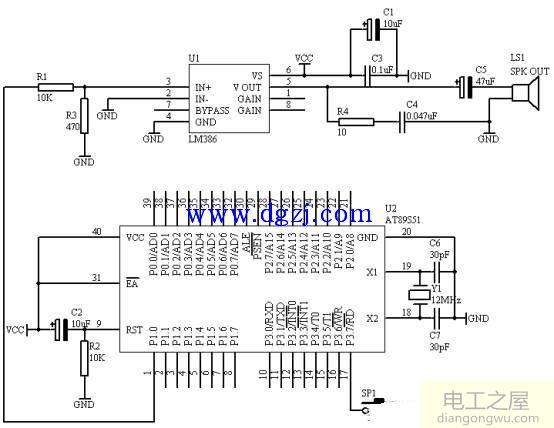 51单片机门铃电路原理图及C语言源程序