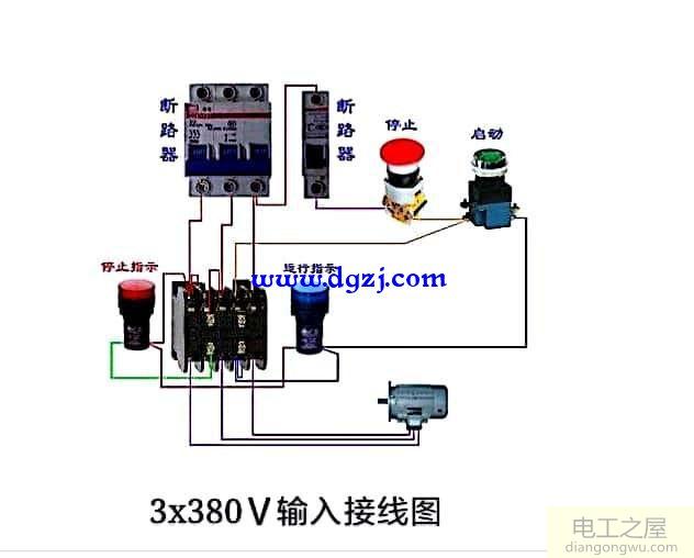 380V控制交流接触器起停的实物接线图