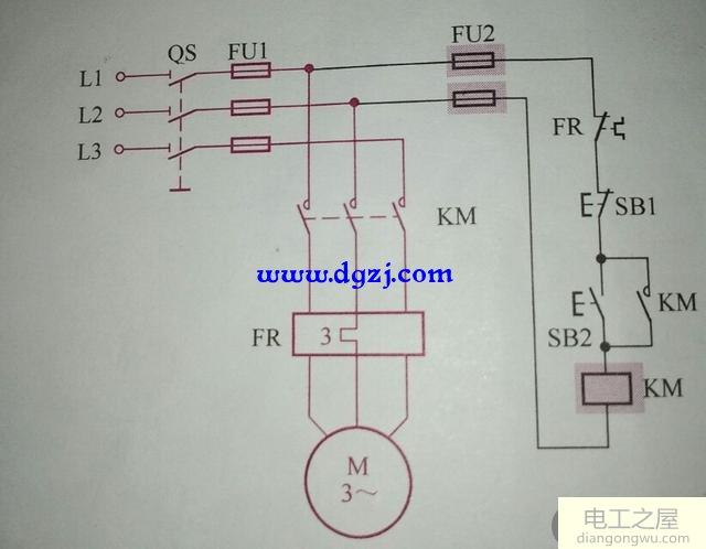 有过载保护的电动机正转控制线路图及接触器实物接线图