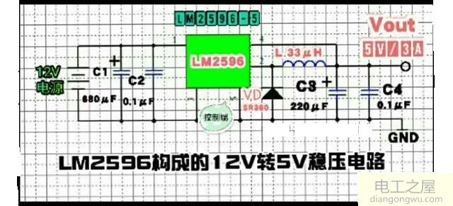 LM2596构成的12V转5V稳压<a href=http://www.diangongwu.com/zhishi/dianlutu/ target=_blank class=infotextkey>电路图</a>