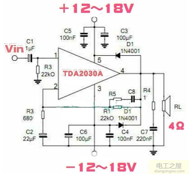 tda2030a构成的ocl功放<a href=http://www.diangongwu.com/zhishi/dianlutu/ target=_blank class=infotextkey>电路图</a>