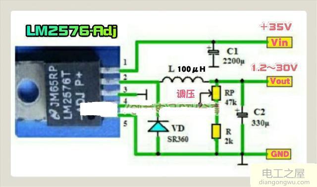 采用LM2576制作的1.2～30V可调稳压电源<a href=http://www.diangongwu.com/zhishi/dianlutu/ target=_blank class=infotextkey>电路图</a>