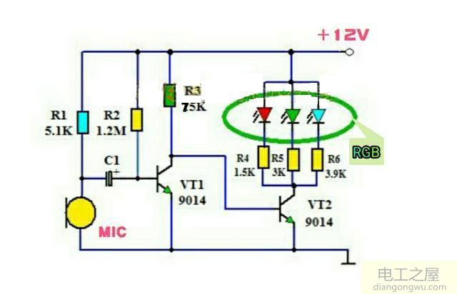 采用三极管构成的音乐变色彩灯电路