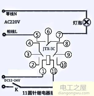 11圆针中间继电器怎么接一个220V灯泡