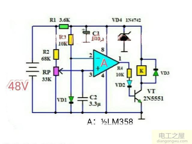 简单的48v电压检测控制<a href=http://www.diangongwu.com/zhishi/dianlutu/ target=_blank class=infotextkey>电路图</a>