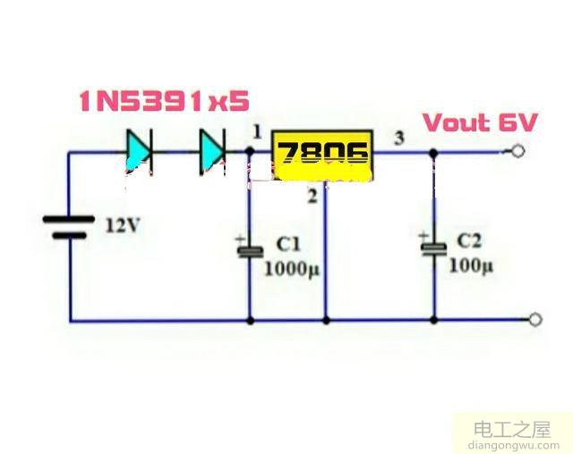 7806构成的12V转6V稳压电源<a href=http://www.diangongwu.com/zhishi/dianlutu/ target=_blank class=infotextkey>电路图</a>