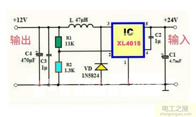 输出电流可达5A的24V转12V的DC-DC降压稳压电路