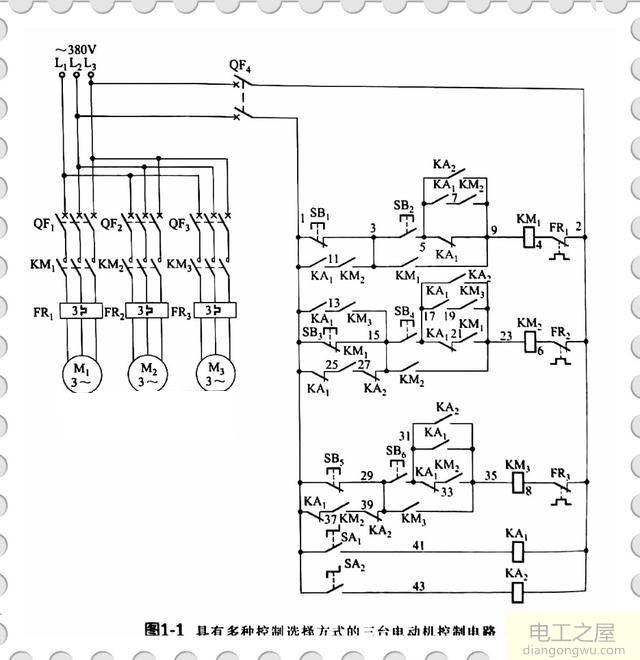 三台电机一键顺序启动和一键逆序停止电路图