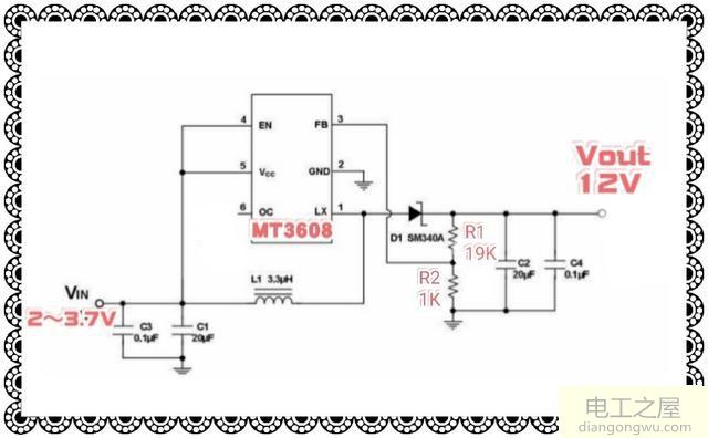 MT3608构成的3.7v转12v升压<a href=http://www.diangongwu.com/zhishi/dianlutu/ target=_blank class=infotextkey>电路图</a>