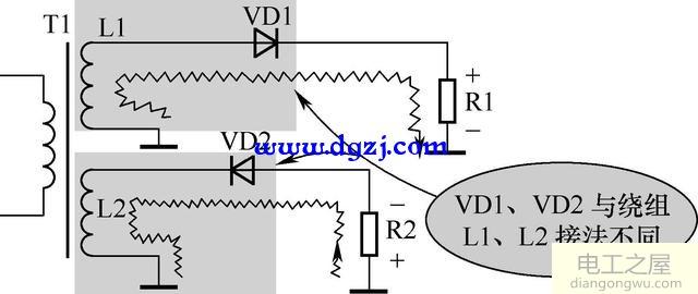 两组二次绕组正负极性半波整流电路原理图
