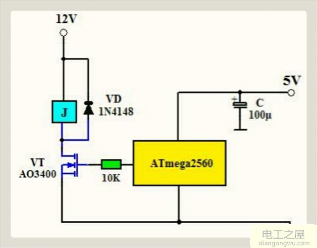 单片机通过MOSFET驱动继电器<a href=http://www.diangongwu.com/zhishi/dianlutu/ target=_blank class=infotextkey>电路图</a>