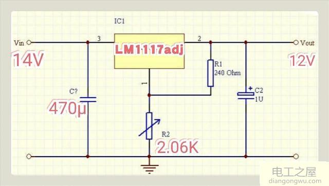 低压差稳压IC将14V电压转为12V的方法