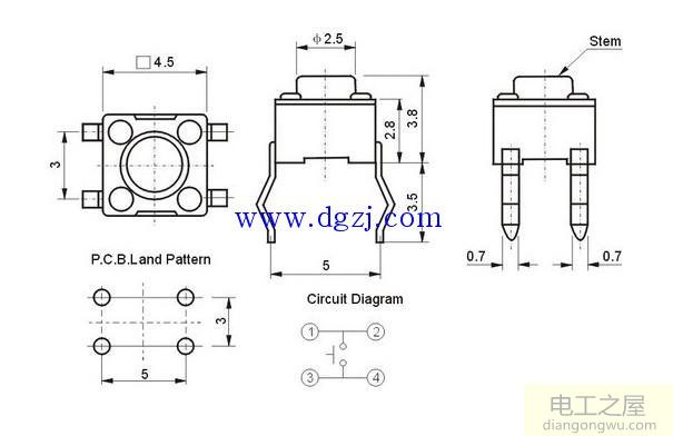 四脚按键开关封装尺寸_四脚按键开关引脚图