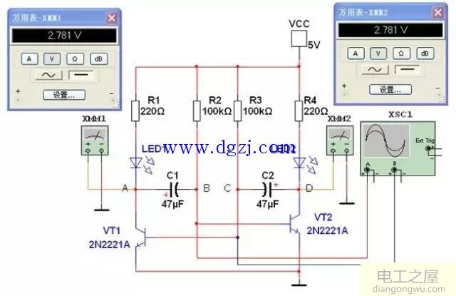 多谐振荡器双闪灯电路仿真分析