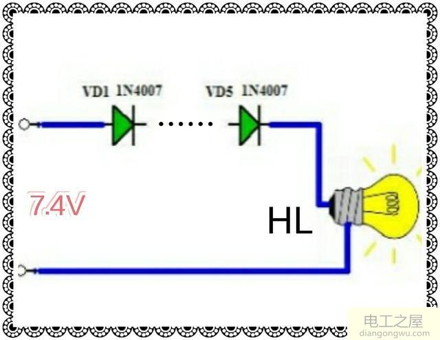 用7.4V电池点亮3.7V灯泡的降压电路