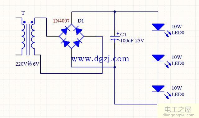 自制220V的照明LED灯及<a href=http://www.diangongwu.com/zhishi/dianlutu/ target=_blank class=infotextkey>电路图</a>