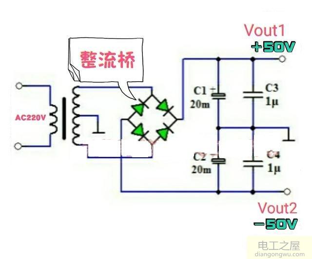 如何用双电源变压器制作±50V的直流电源