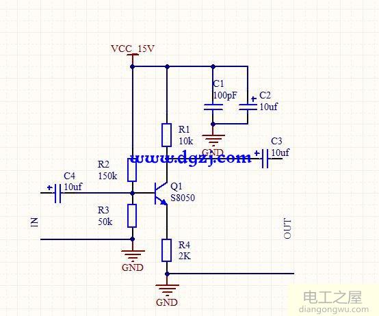 三极管单管放大<a href=http://www.diangongwu.com/zhishi/dianlutu/ target=_blank class=infotextkey>电路图</a>原理及各元器件的取值