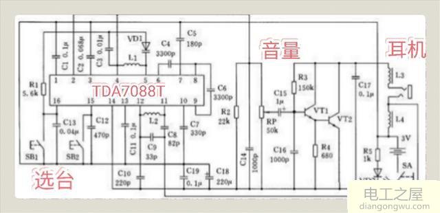 TDA7088T电调谐调频收音机原理图