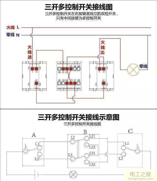 一灯三控火线和控制线能接在一个开关上吗