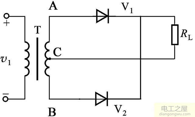 两只整流二极管组成的全波整流电路