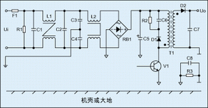 图2：进行过电磁兼容设计后的反激式开关电源电气原理图。